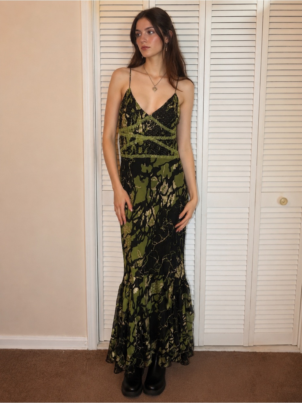 Y2K Nina Austin Silk Lace Beaded Dress Maxi Gown Green Silk Forest Fairy Grunge